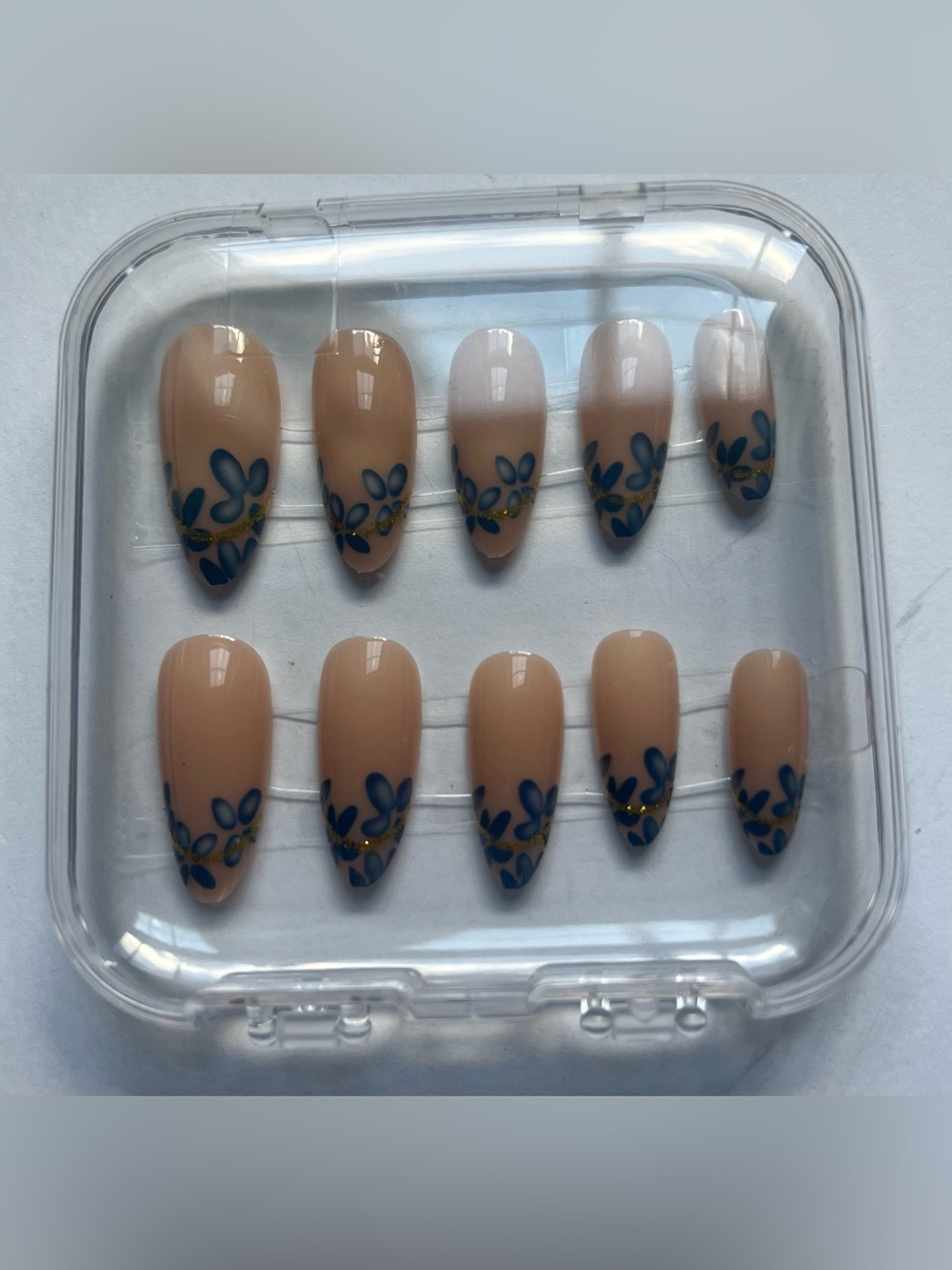 Nude Stiletto Press-On Nails with Blue Floral Tips